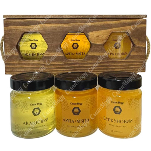 Подарочный набор меда "Нежный Нектар" Акация, Липа+Мята, Донник 3*250 г = 750 г