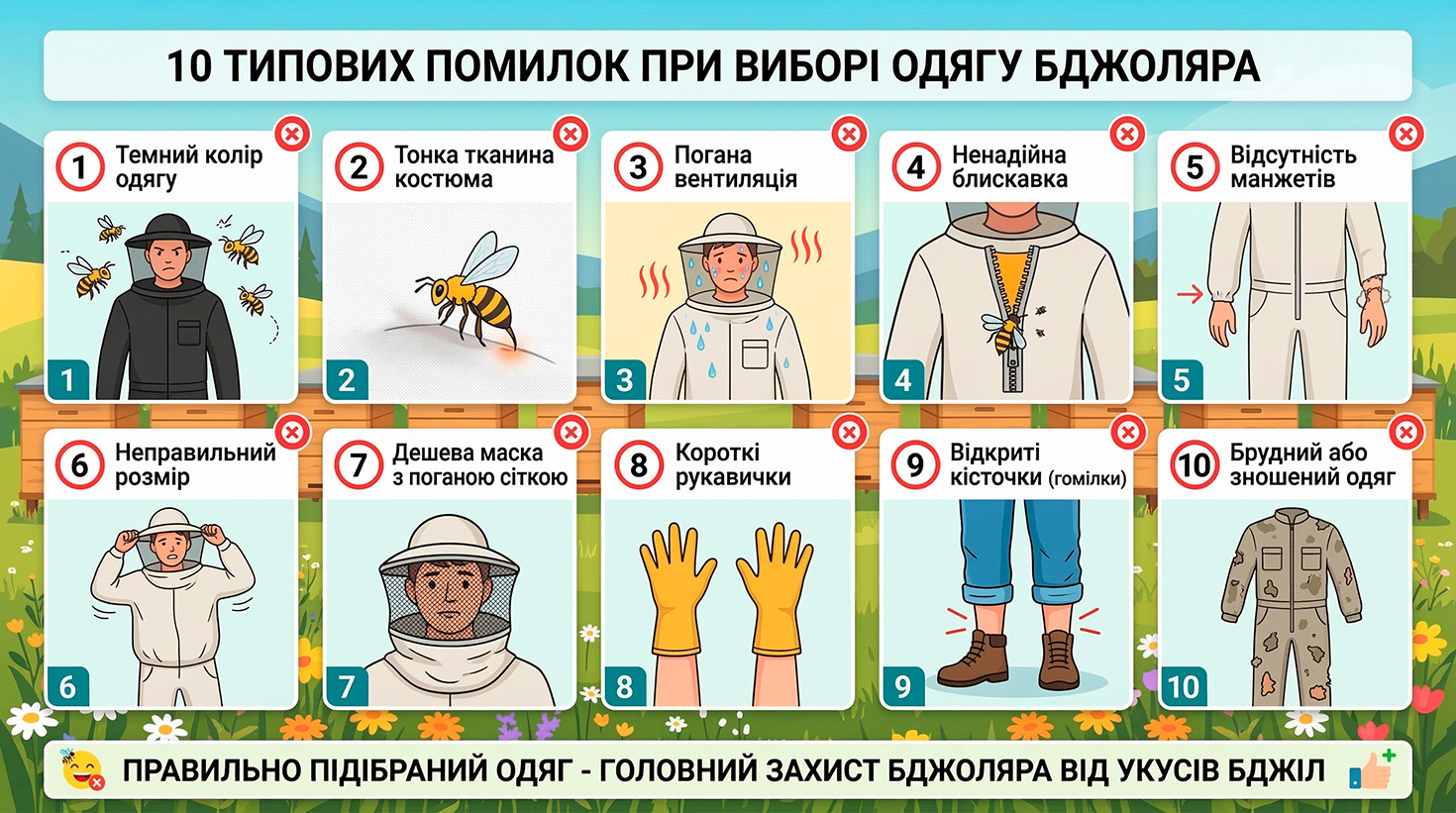 Інфографіка: 10 помилок при виборі одягу пасічника