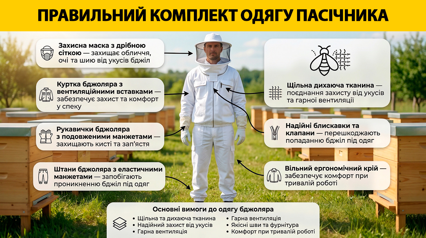 Інфографіка: Правильно підібраний одяг пасічника — це основа безпечної та стабільної роботи на пасіці